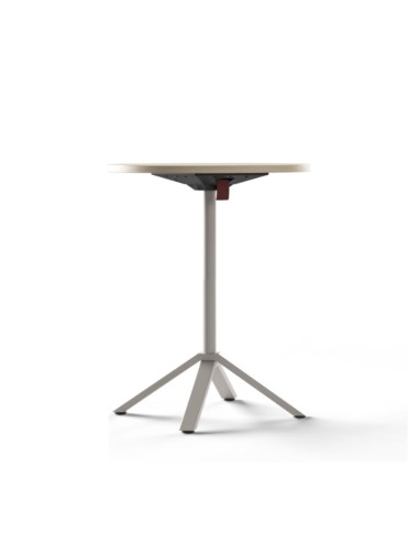Table bistro ronde FLIPTOP avec plateau chêne naturel rabattable et piètement central gris.