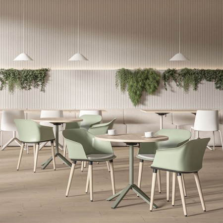 Table bistro ronde FLIPTOP avec plateau chêne naturel rabattable et piètement central gris. 2