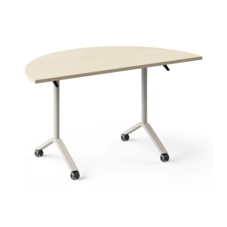 Table de liaison semi-circulaire FLIPTOP avec plateau effet bois et roulettes.