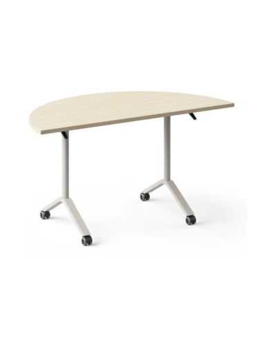 Table de liaison semi-circulaire FLIPTOP avec plateau effet bois et roulettes.