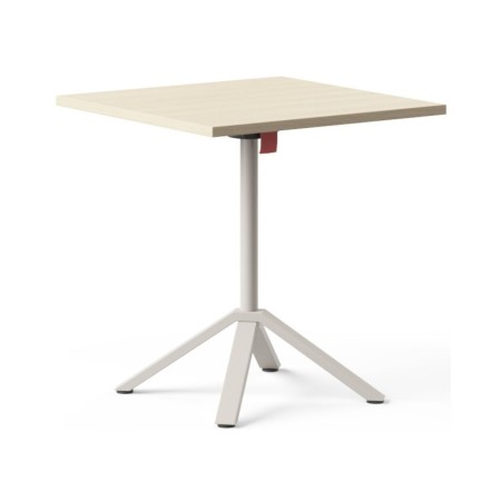 Table bistro carrée FLIPTOP avec plateau chêne naturel rabattable et piètement central gris.