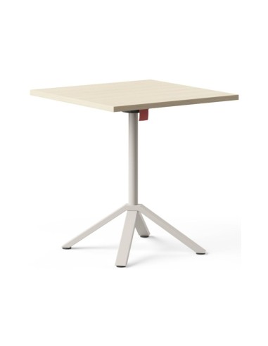 Table bistro carrée FLIPTOP avec plateau chêne naturel rabattable et piètement central gris.