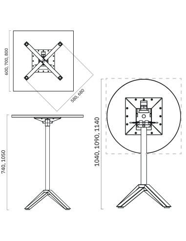 Dimensions de la table basse carrée FLIPTOP pour bistro et restauration.