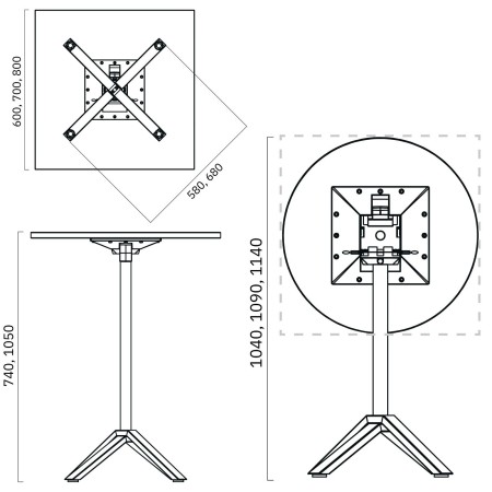 Dimensions de la table basse carrée FLIPTOP pour bistro et restauration.