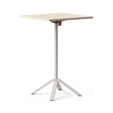 Table haute carrée FLIPTOP avec plateau chêne naturel rabattable et piètement central blanc.