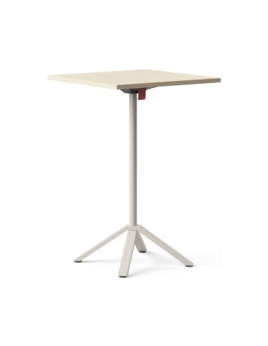 Table haute carrée FLIPTOP avec plateau chêne naturel rabattable et piètement central blanc.