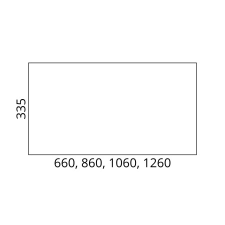 Dimensions du voile de fond FLIPTOP disponible en largeurs de 66, 86, 106 ou 126 cm et hauteur de 33,5 cm.