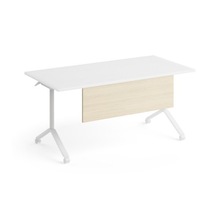 Voile de fond FLIPTOP effet chêne naturel installé sous une table de conférence rabattable blanche.