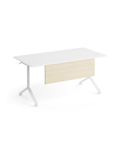 Voile de fond FLIPTOP effet chêne naturel installé sous une table de conférence rabattable blanche.