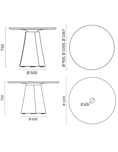 Dimensions de la table ronde de réunion BOTANY 3 à 5 personnes.