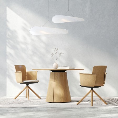 Salle de réunion contemporaine à Brig équipée d'une table ronde BOTANY en bois avec fauteuils design.