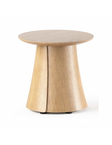 Table basse ronde BOTANY avec plateau rond et piètement central en bois.