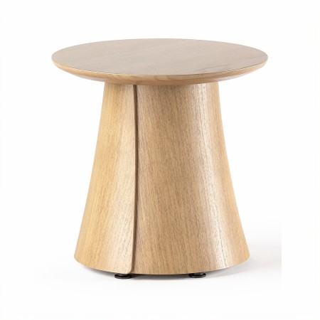 Table basse ronde BOTANY avec plateau rond et piètement central en bois.