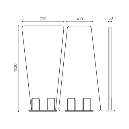 Plan dimensions cloison acoustique Selva hauteur 1600 mm largeur haut 790 mm largeur bas 410