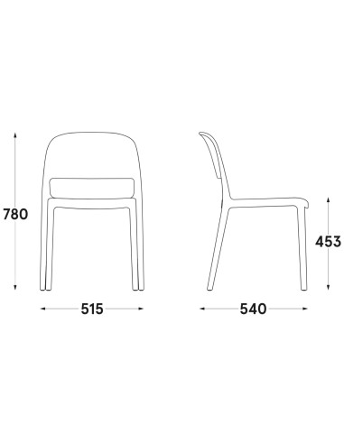Schéma technique de la chaise Blendy sans accoudoirs avec dimensions 51,5 × 54 cm, hauteur 78 cm et assise à 45,3 cm.