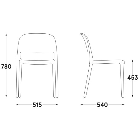 Schéma technique de la chaise Blendy sans accoudoirs avec dimensions 51,5 × 54 cm, hauteur 78 cm et assise à 45,3 cm.
