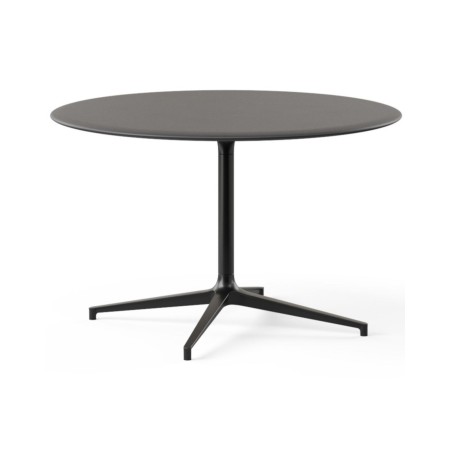 Table de réunion ronde BOTANY avec plateau gris et piètement central métallique noir.