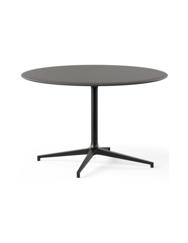 Table de réunion ronde BOTANY avec plateau gris et piètement central métallique noir.