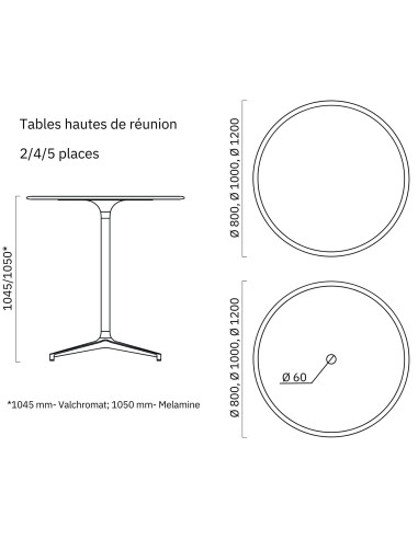 Dimensions de la table haute de réunion BOTANY 2 à 5 personnes.