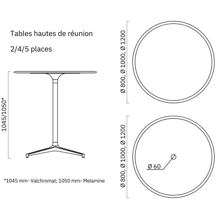 Dimensions de la table haute de réunion BOTANY 2 à 5 personnes.