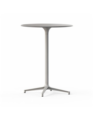 Table haute de réunion ronde BOTANY avec piètement central métallique et plateau gris.