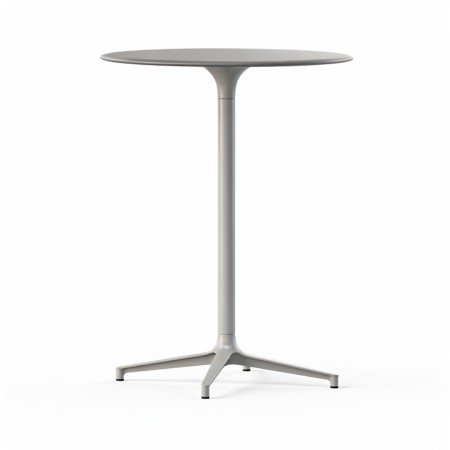 Table haute de réunion ronde BOTANY avec piètement central métallique et plateau gris.