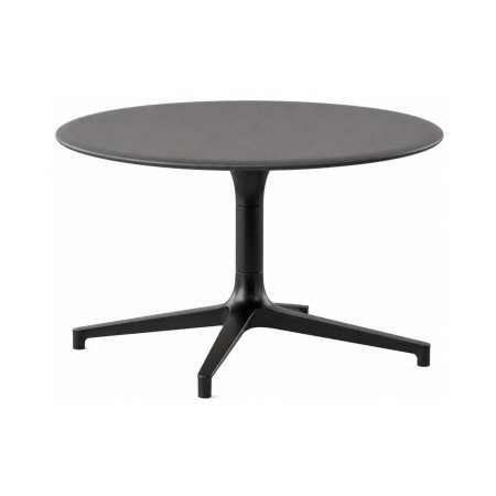 Table basse ronde BOTANY avec plateau gris et piètement central métallique noir.