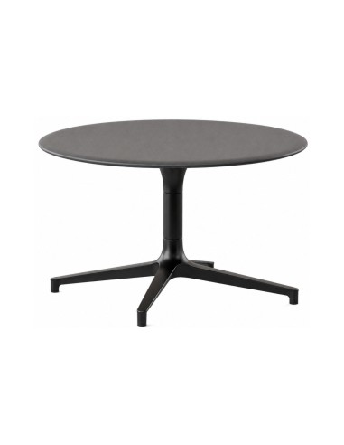 Table basse ronde BOTANY avec plateau gris et piètement central métallique noir.