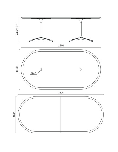 Dimensions de la table de réunion BOTANY métal pour 8 personnes.
