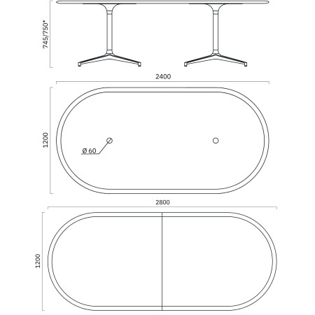 Dimensions de la table de réunion BOTANY métal pour 8 personnes.