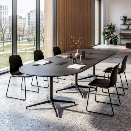 Grande table de réunion oblongue BOTANY 320 x 120 cm avec trois piètements métalliques noirs. 2