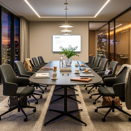 Table haute de réunion BOTANY 360 x 120 cm pour 12 personnes avec trois piètements métalliques noirs. 2
