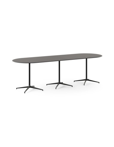 Table haute de réunion BOTANY 360 x 120 cm pour 12 personnes avec trois piètements métalliques noirs.