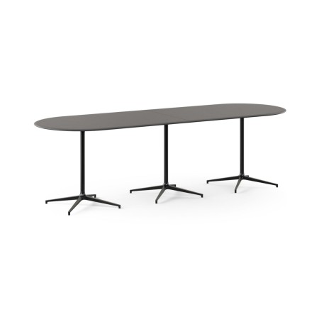 Table haute de réunion BOTANY 360 x 120 cm pour 12 personnes avec trois piètements métalliques noirs.