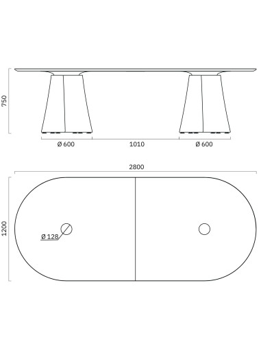 Dimensions de la table design BOTANY bois 2800 mm 8 places.
