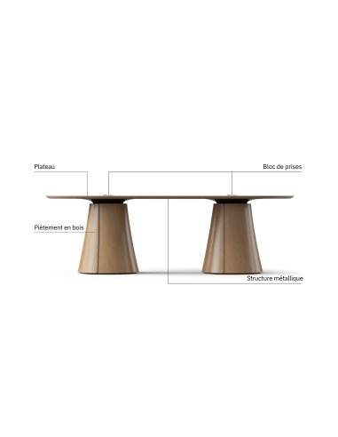 Détails de la table de réunion BOTANY avec piètement en bois design.