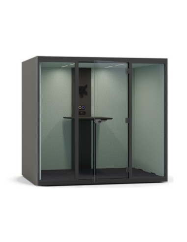 Cabine acoustique bureau SONUS L avec parois en PET bleu et table haute pour réunion 4 places.