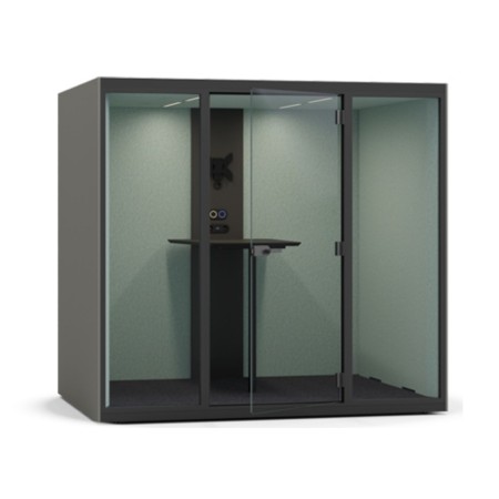 Cabine acoustique bureau SONUS L avec parois en PET bleu et table haute pour réunion 4 places.