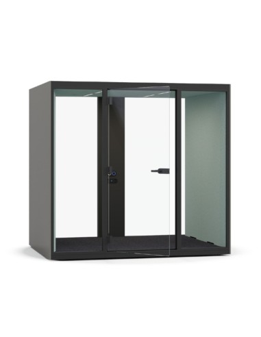 Cabine acoustique SONUS L 4 places avec murs en verre pour réunions isolées.
