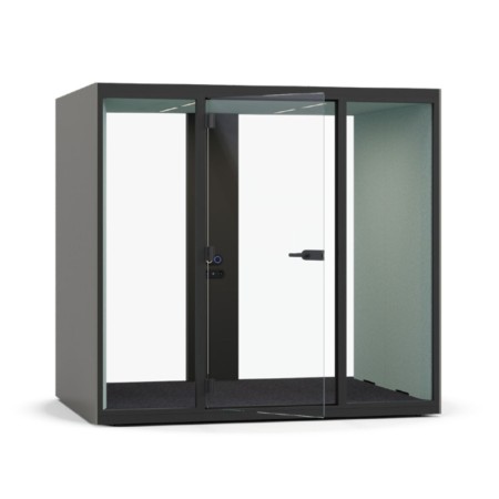 Cabine acoustique SONUS L 4 places avec murs en verre pour réunions isolées.