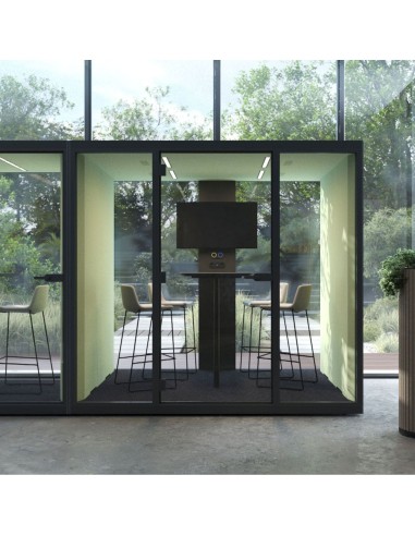Cabine acoustique SONUS L pour réunion de quatre personnes dans un espace de bureaux contemporain à Genève.