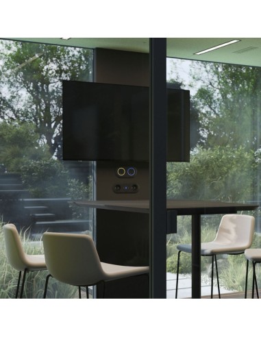 Cabine de réunion acoustique 4 places configurable avec une table haute et écran pour réunion confidentielle.