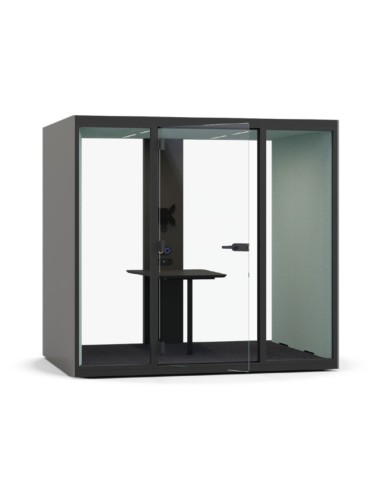 Cabine SONUS L acoustique 4 personnes pour réunion avec parois en verre et table basse.