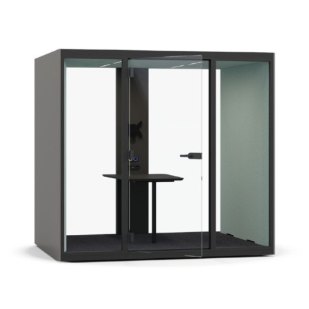 Cabine SONUS L acoustique 4 personnes pour réunion avec parois en verre et table basse.
