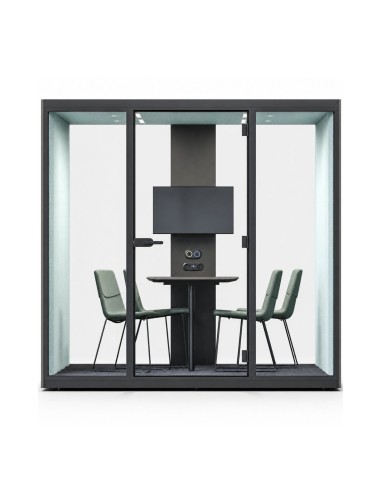 Cabine SONUS L avec support télévision et isolation acoustique pour confidentialité en petite réunion.