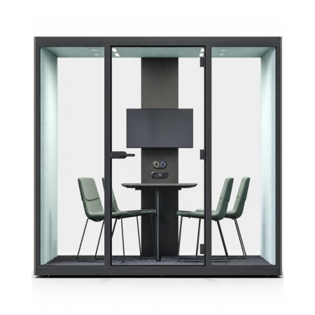 Cabine SONUS L avec support télévision et isolation acoustique pour confidentialité en petite réunion.