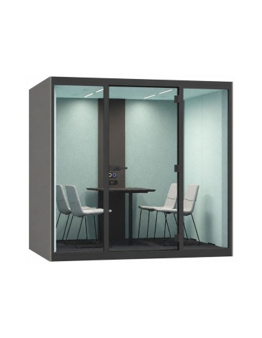 Cabine acoustique SONUS L pour quatre personnes avec parois vitrées, table de réunion et éclairage intégré.