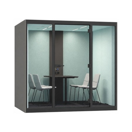 Cabine acoustique SONUS L pour quatre personnes avec parois vitrées, table de réunion et éclairage intégré.