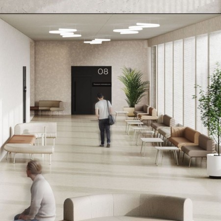 Fauteuil LINJE LE 401 installé dans un espace d'attente professionnel contemporain à Neuchâtel.