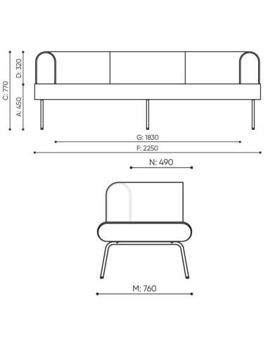 Dimensions du canapé 3 places avec accoudoirs LINJE.